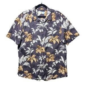 High Surf Mens 2XL‎ Short Sleeve Button Down Shirt Tropical Floral Cotton Black